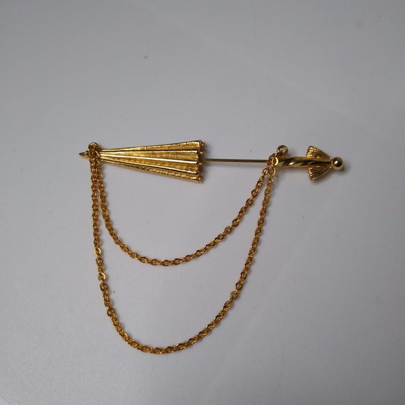 Vintage Closed Umbrella Metal Stickpin Brooch With Chains - Picture 2 of 15
